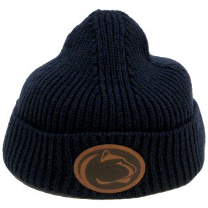 navy knit ribbed beanie with leather Penn State Athletic Logo patch
